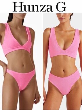 Hunza G Carla Bikini Set in Crinkle Fabric Bright Pink Bikini Set OS NWT 270$